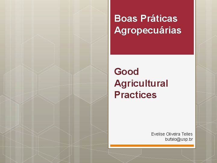 Boas Práticas Agropecuárias Good Agricultural Practices Evelise Oliveira Telles bufalo@usp. br 