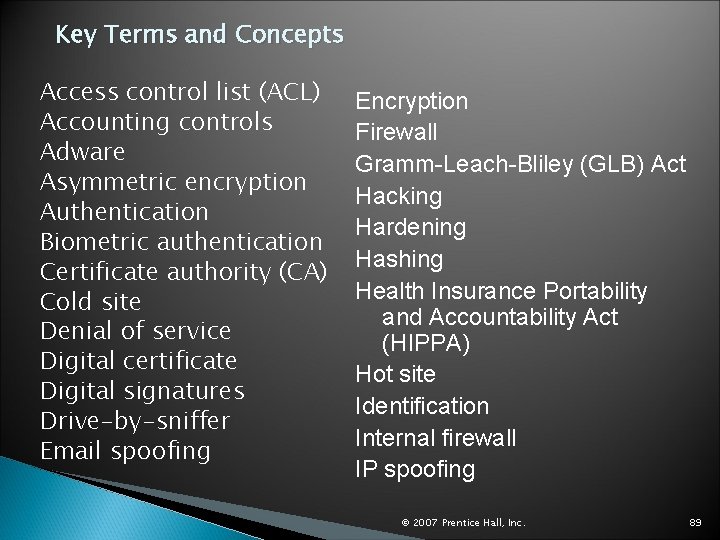 Key Terms and Concepts Access control list (ACL) Accounting controls Adware Asymmetric encryption Authentication