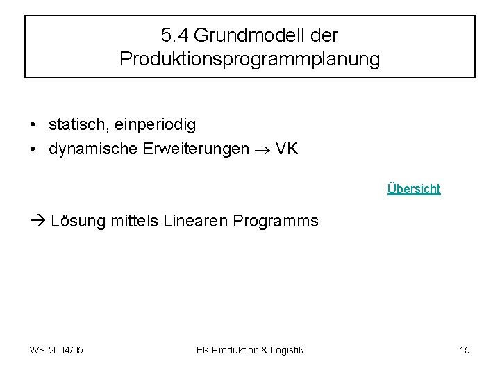 5. 4 Grundmodell der Produktionsprogrammplanung • statisch, einperiodig • dynamische Erweiterungen VK Übersicht Lösung
