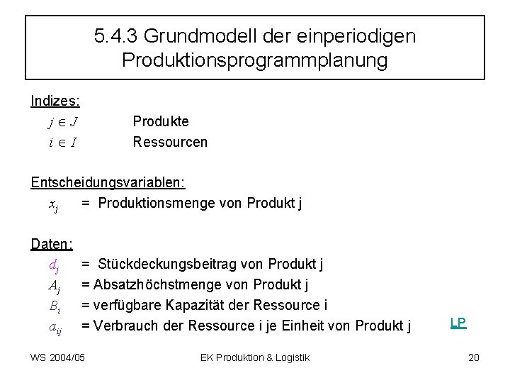5. 4. 3 Grundmodell der einperiodigen Produktionsprogrammplanung Indizes: j J i I Produkte Ressourcen