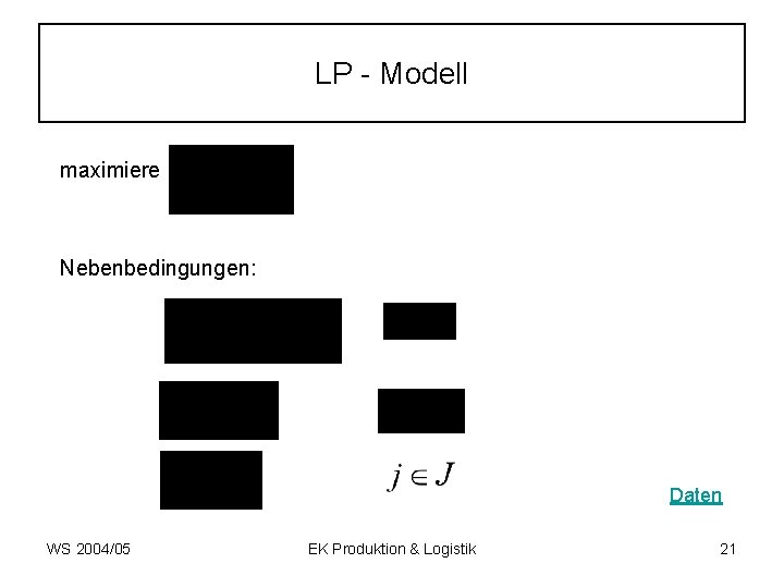 LP - Modell maximiere Nebenbedingungen: Daten WS 2004/05 EK Produktion & Logistik 21 