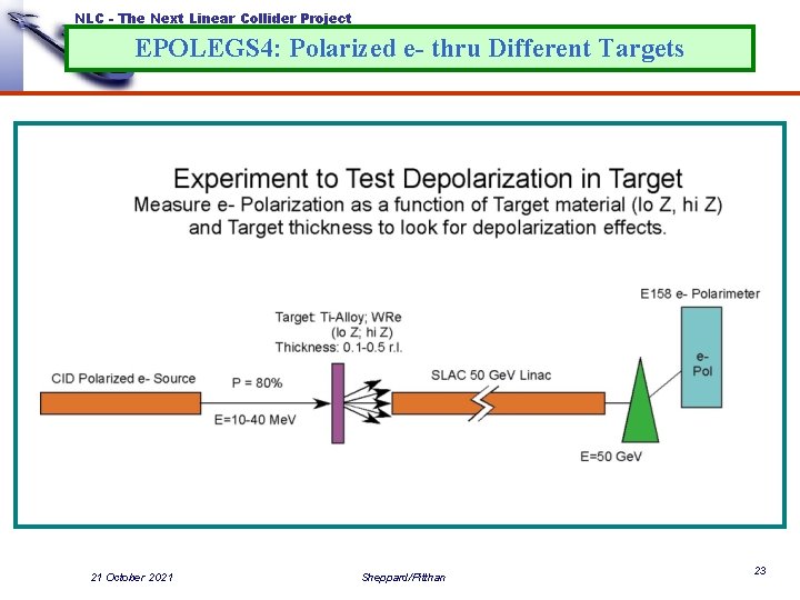 NLC - The Next Linear Collider Project EPOLEGS 4: Polarized e- thru Different Targets NLC - The Next Linear Collider Project EPOLEGS 4: Polarized e- thru Different Targets
