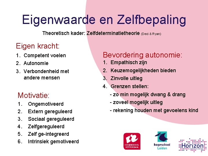 Eigenwaarde en Zelfbepaling Theoretisch kader: Zelfdeterminatietheorie (Deci & Ryan) Eigen kracht: 1. Competent voelen