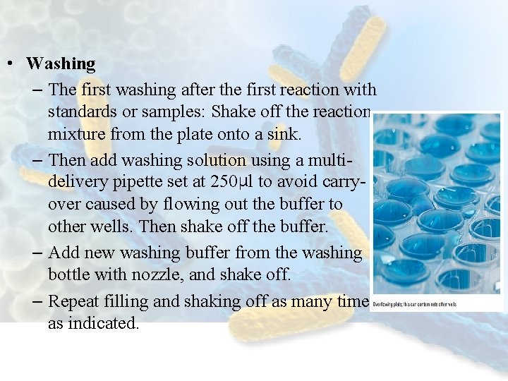  • Washing – The first washing after the first reaction with standards or