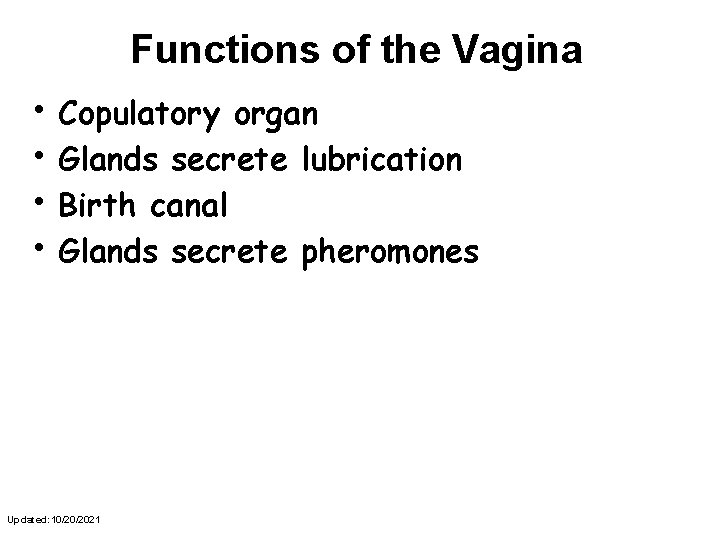 Functions of the Vagina • Copulatory organ • Glands secrete lubrication • Birth canal