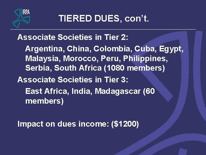 TIERED DUES, con’t. Associate Societies in Tier 2: Argentina, China, Colombia, Cuba, Egypt, Malaysia,