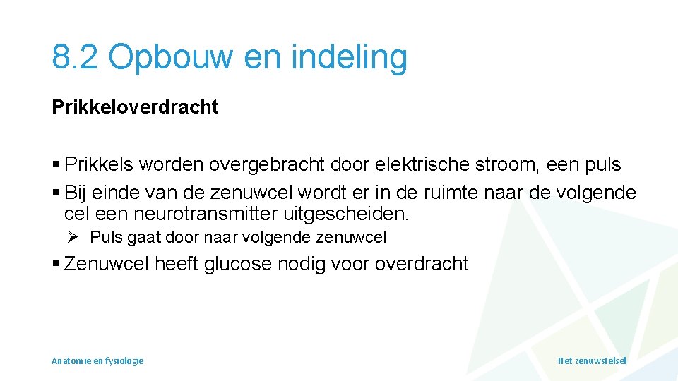 8. 2 Opbouw en indeling Prikkeloverdracht § Prikkels worden overgebracht door elektrische stroom, een