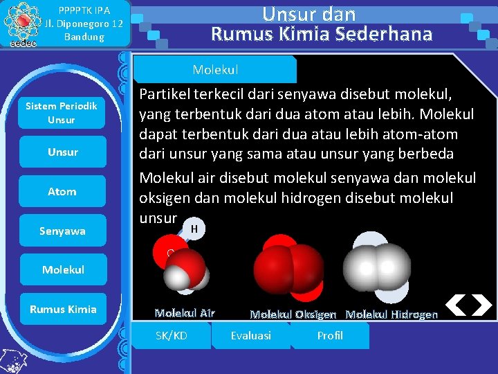 Unsur dan Rumus Kimia Sederhana PPPPTK IPA Jl. Diponegoro 12 Bandung Molekul Sistem Periodik