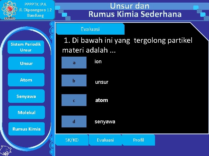 Unsur dan Rumus Kimia Sederhana PPPPTK IPA Jl. Diponegoro 12 Bandung Evaluasi Sistem Periodik