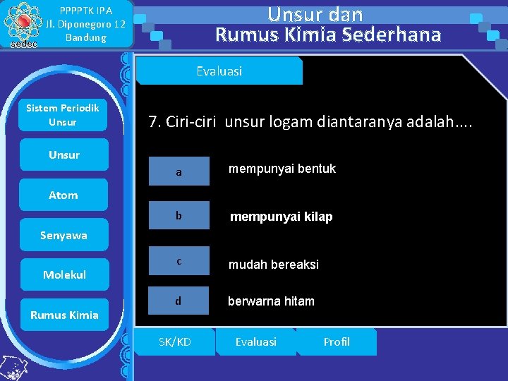 Unsur dan Rumus Kimia Sederhana PPPPTK IPA Jl. Diponegoro 12 Bandung Evaluasi Sistem Periodik