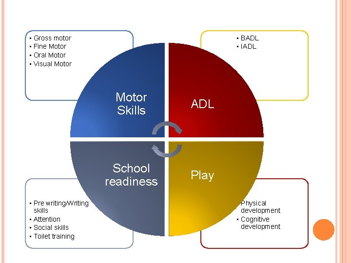  • Gross motor • Fine Motor • Oral Motor • Visual Motor •
