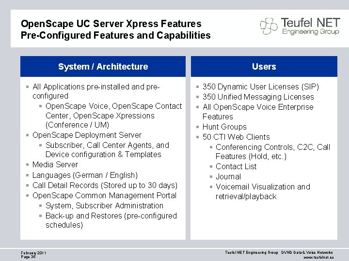 Open. Scape UC Server Xpress Features Pre-Configured Features and Capabilities System / Architecture Users