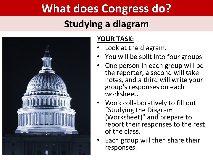 What does Congress do? Studying a diagram YOUR TASK: • Look at the diagram.