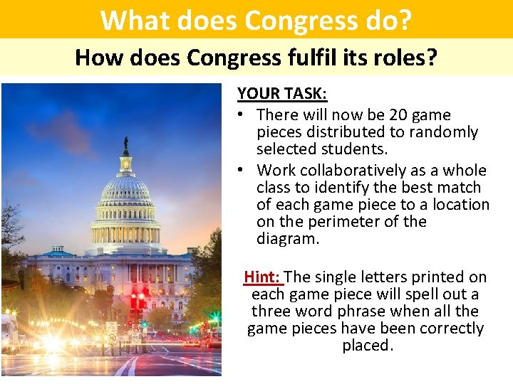 What does Congress do? How does Congress fulfil its roles? YOUR TASK: • There
