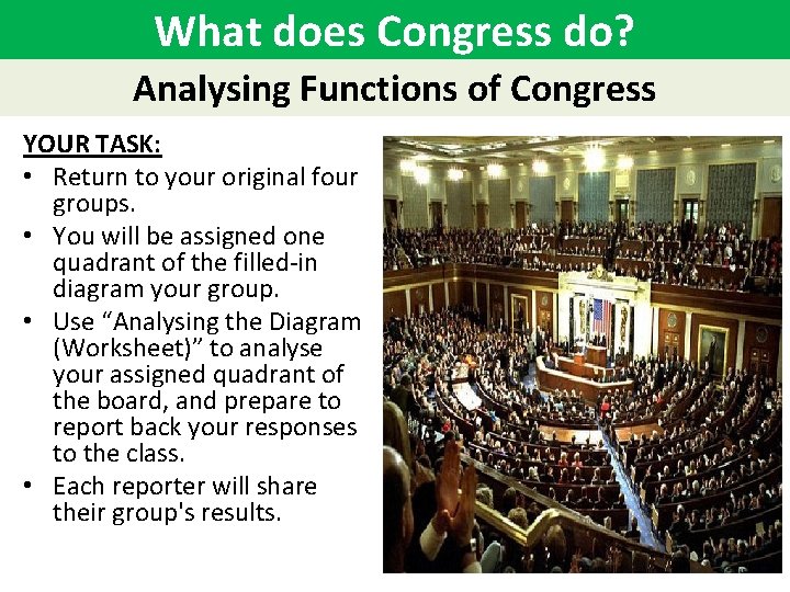 What does Congress do? Analysing Functions of Congress YOUR TASK: • Return to your