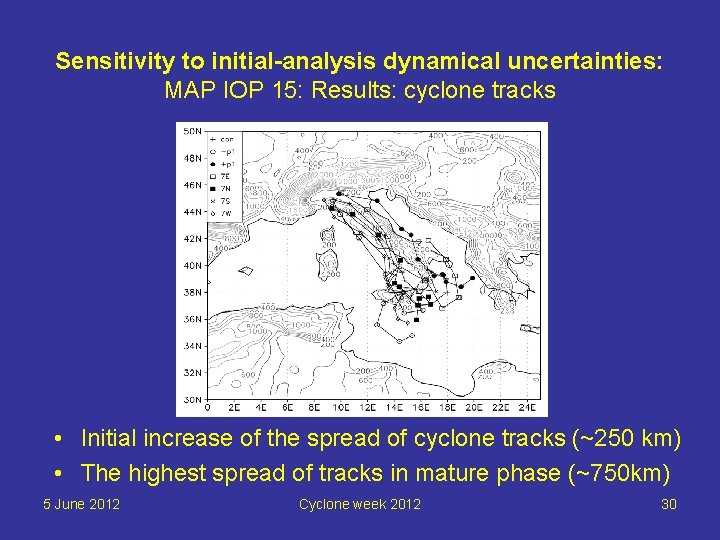Sensitivity to initial-analysis dynamical uncertainties: MAP IOP 15: Results: cyclone tracks • Initial increase
