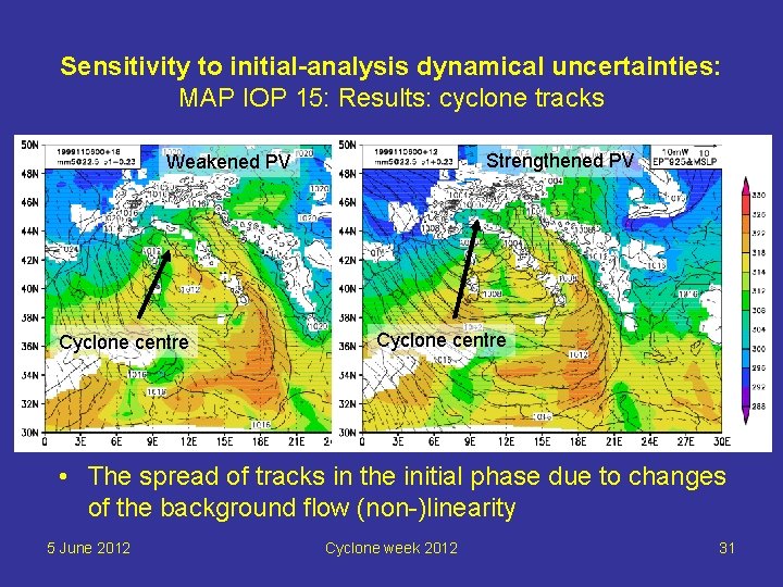 Sensitivity to initial-analysis dynamical uncertainties: MAP IOP 15: Results: cyclone tracks Strengthened PV Weakened