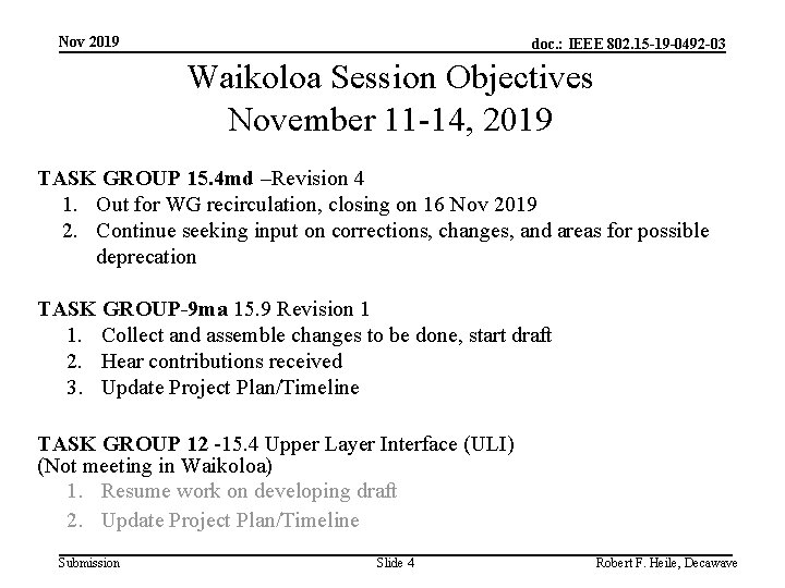 Nov 2019 doc. : IEEE 802. 15 -19 -0492 -03 Waikoloa Session Objectives November