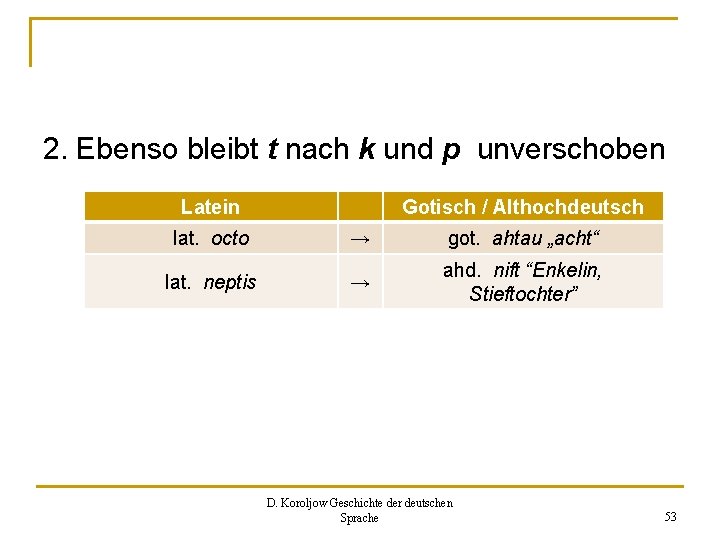 2. Ebenso bleibt t nach k und p unverschoben Latein Gotisch / Althochdeutsch lat.