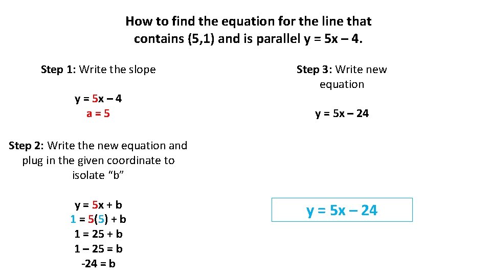 How to find the equation for the line that contains (5, 1) and is