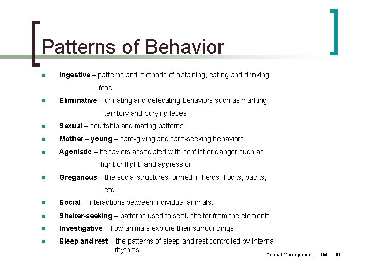 Patterns of Behavior n Ingestive – patterns and methods of obtaining, eating and drinking Patterns of Behavior n Ingestive – patterns and methods of obtaining, eating and drinking
