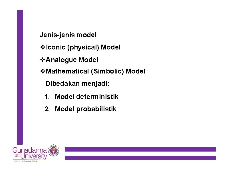 Jenis-jenis model Iconic (physical) Model Analogue Model Mathematical (Simbolic) Model Dibedakan menjadi: 1. Model
