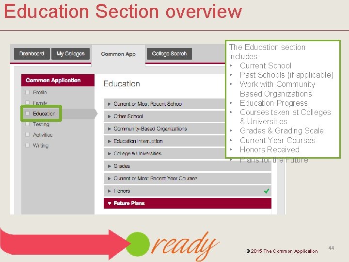 Education Section overview The Education section includes: • Current School • Past Schools (if
