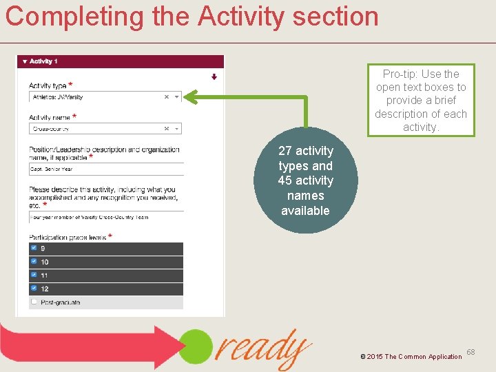Completing the Activity section Pro-tip: Use the open text boxes to provide a brief
