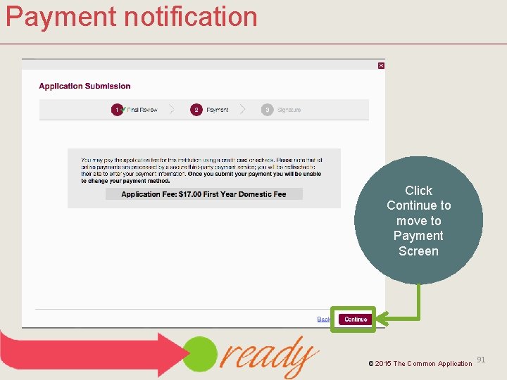 Payment notification Click Continue to move to Payment Screen © 2015 The Common Application