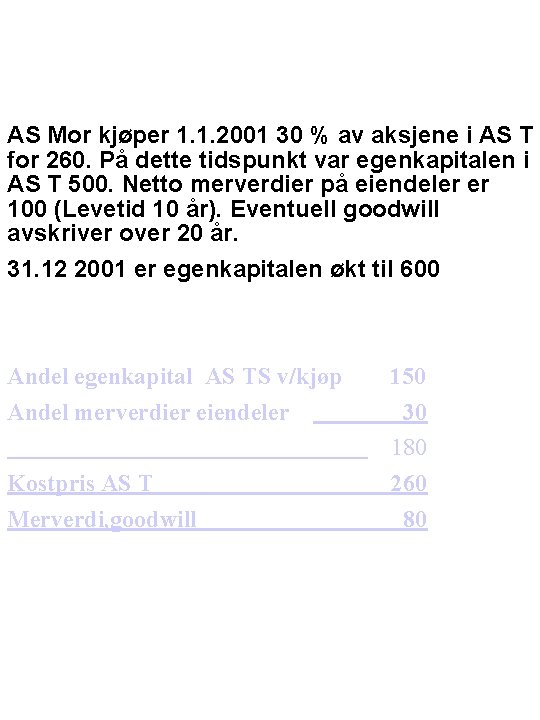 AS Mor kjøper 1. 1. 2001 30 % av aksjene i AS T for