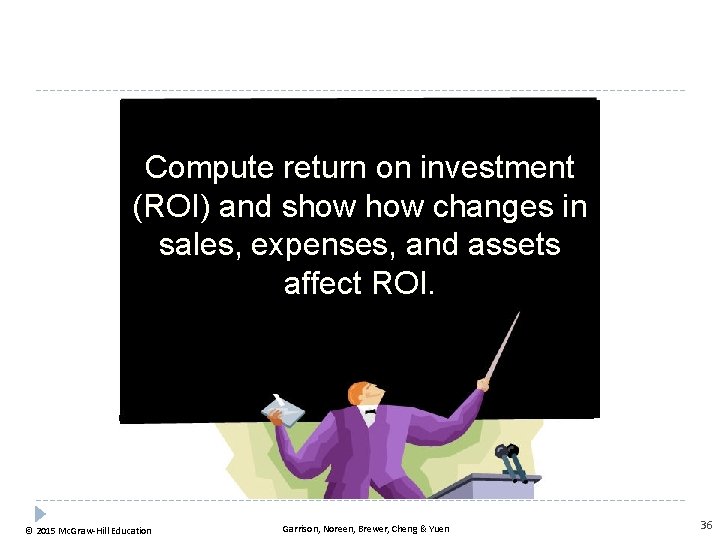 Compute return on investment (ROI) and show changes in sales, expenses, and assets affect