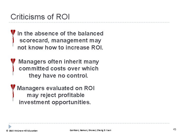 Criticisms of ROI In the absence of the balanced scorecard, management may not know