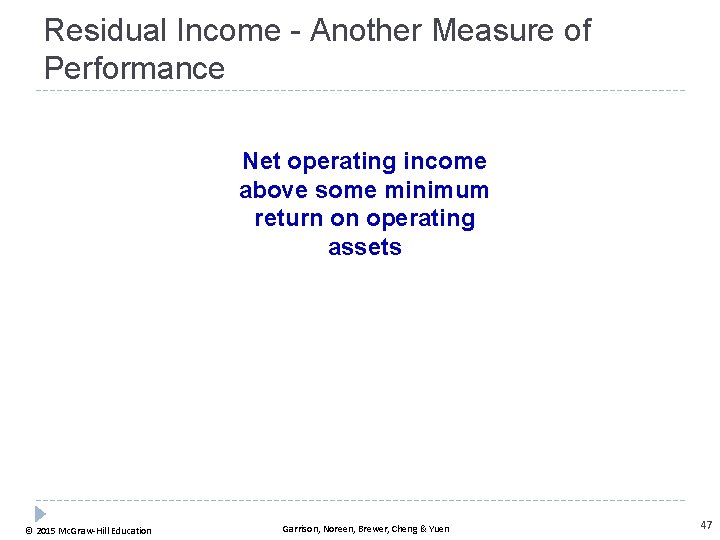 Residual Income - Another Measure of Performance Net operating income above some minimum return