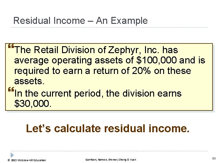 Residual Income – An Example The Retail Division of Zephyr, Inc. has average operating