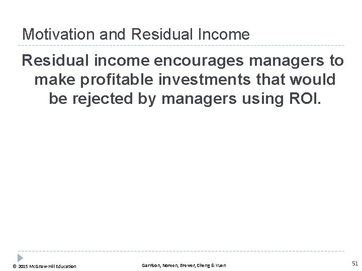 Motivation and Residual Income Residual income encourages managers to make profitable investments that would