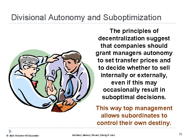 Divisional Autonomy and Suboptimization The principles of decentralization suggest that companies should grant managers