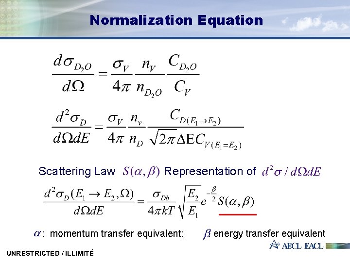 Normalization Equation Scattering Law Representation of : momentum transfer equivalent; UNRESTRICTED / ILLIMITÉ :