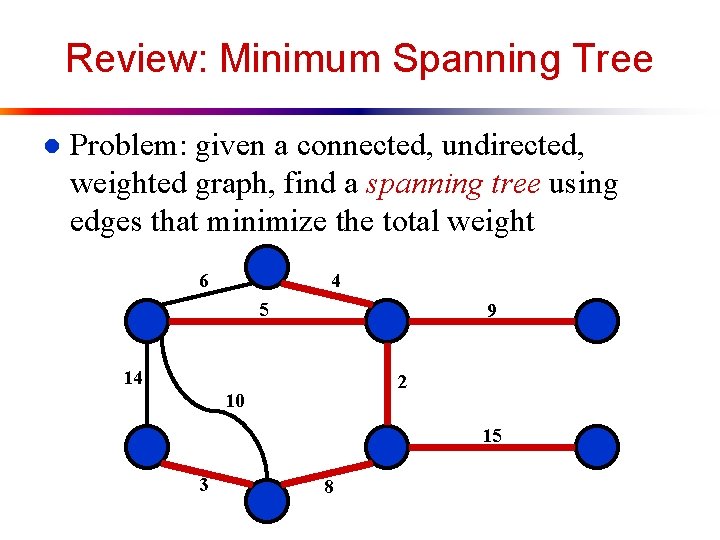 Review: Minimum Spanning Tree l Problem: given a connected, undirected, weighted graph, find a
