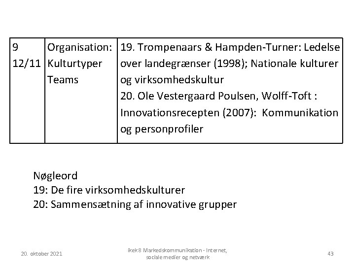 9 Organisation: 19. Trompenaars & Hampden-Turner: Ledelse 12/11 Kulturtyper over landegrænser (1998); Nationale kulturer