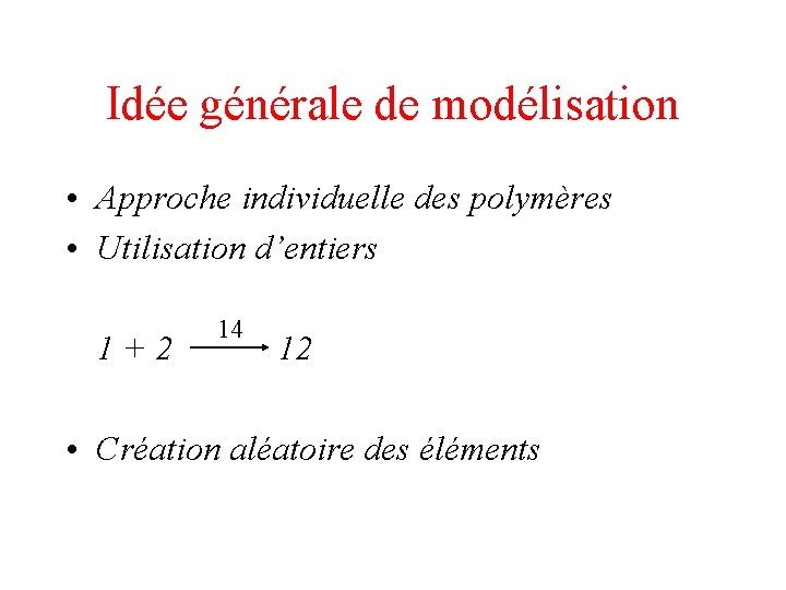Idée générale de modélisation • Approche individuelle des polymères • Utilisation d’entiers 1+2 14