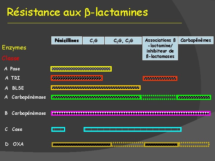 Résistance aux β-lactamines Enzymes Classe A Pase A TRI A BLSE A Carbapénèmase B