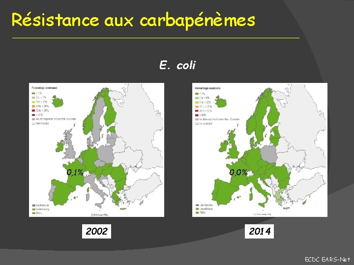 Résistance aux carbapénèmes E. coli 0, 1% 0, 0% 2002 2014 ECDC EARS-Net 