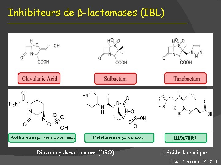 Inhibiteurs de β-lactamases (IBL) Avibactam (ex. NXL 104, AVE 1330 A) Relebactam (ex. MK-7655)