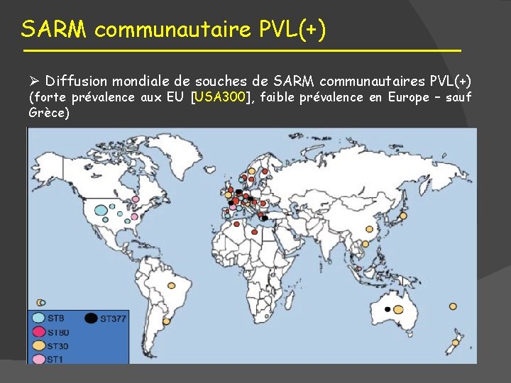 SARM communautaire PVL(+) Ø Diffusion mondiale de souches de SARM communautaires PVL(+) (forte prévalence