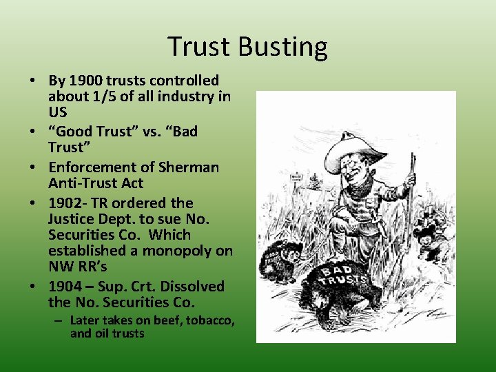 Trust Busting • By 1900 trusts controlled about 1/5 of all industry in US
