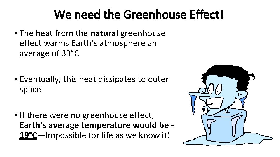 We need the Greenhouse Effect! • The heat from the natural greenhouse effect warms