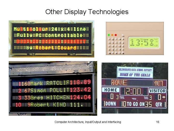 Other Display Technologies Computer Architecture, Input/Output and Interfacing 16 