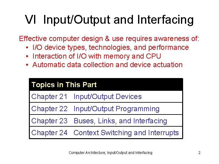 VI Input/Output and Interfacing Effective computer design & use requires awareness of: • I/O