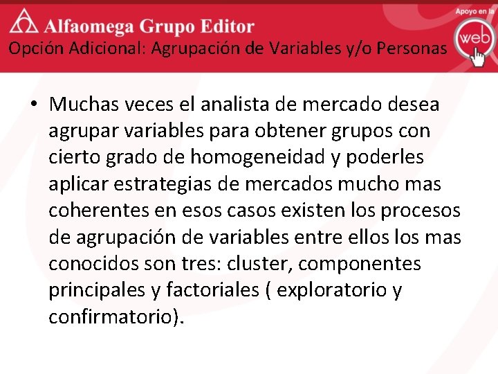 Opción Adicional: Agrupación de Variables y/o Personas • Muchas veces el analista de mercado