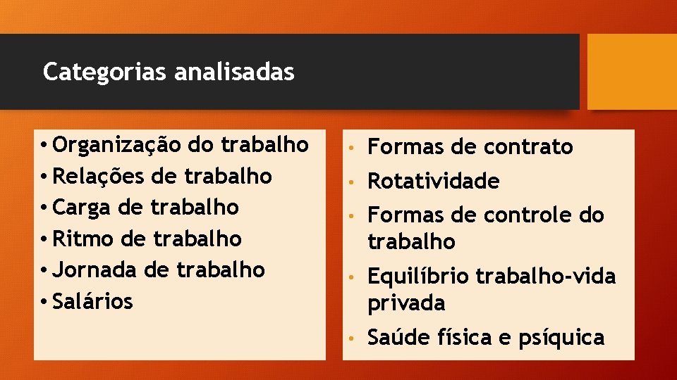 Categorias analisadas • Organização do trabalho • Relações de trabalho • Carga de trabalho